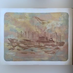 MCM Lithograph SIGNED Shankman NIGHT VOYAGE Cargo Ship Unframed 24.5x19” READ